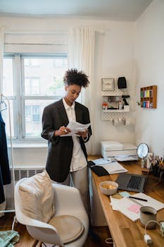 Woman in a home office setting reading documents with a laptop on the desk.